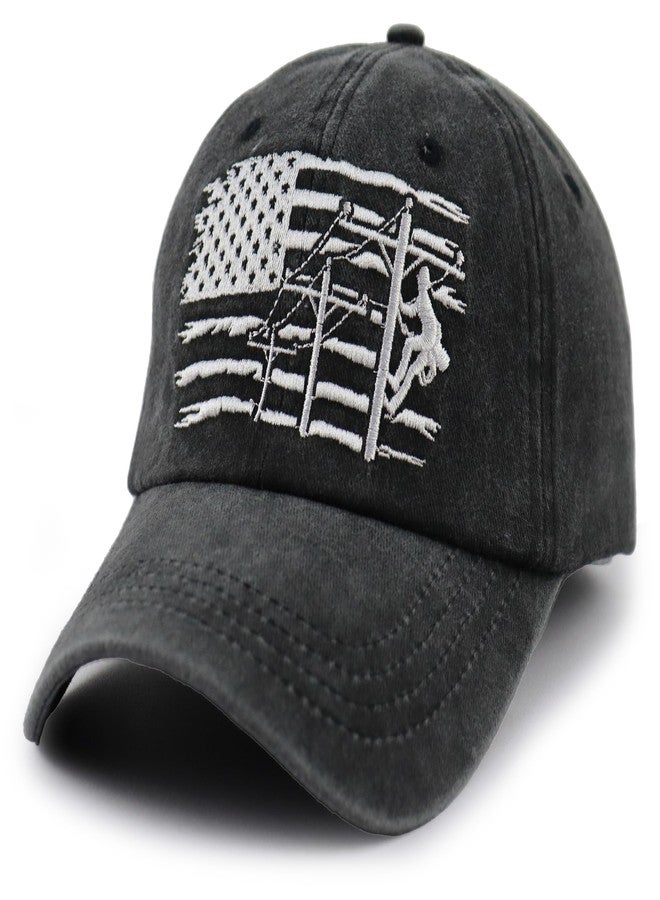 Vxchkerm Lineman American Flag Hat,Adjustable Embroidery Line Worker Baseball Cap,Fathers Day Christmas Birthday Lineman Gifts for Men,Electrician,Dad,Husband Black - Image 2